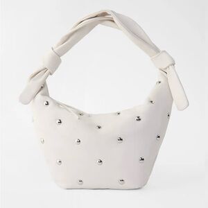 NWT Maje Bow Bag Soft Leather Tie Ivory Ecru Silver Studs Zip Close Hobo